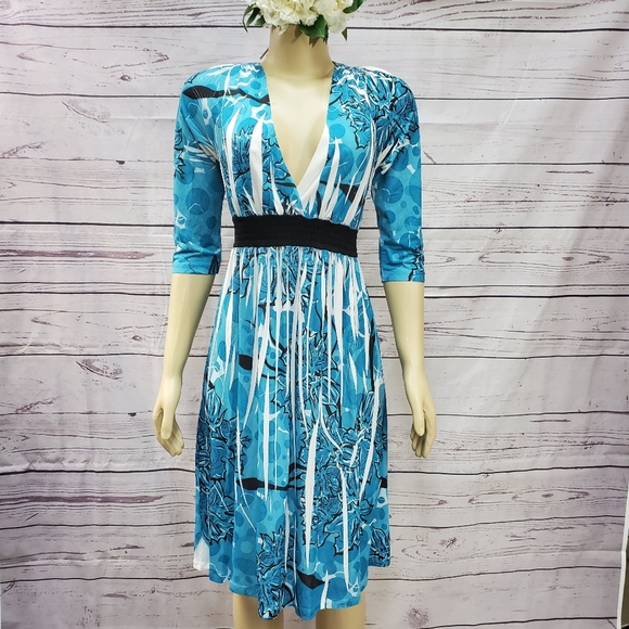 sam & max small deep vneck blue stretch 3/4 dress ( 5 for $20 ) - Picture 4 of 7